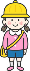 幼稚園の園服を着て、帽子をかぶった、女の子（線画）のイラスト