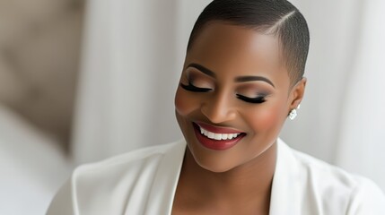 A joyful African American woman radiates happiness, embodying warmth and positivity.