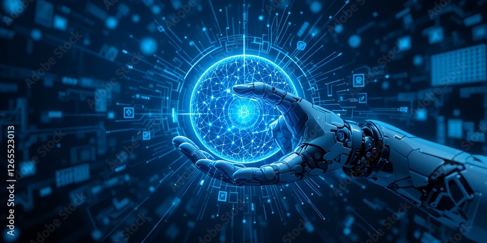 Poster robotic hand holding a digital globe: visualizing the future of global technology
