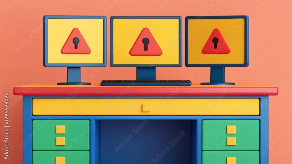 Poster three computer monitors with a warning sign on each screen, sitting on a colorful desk. the monitors