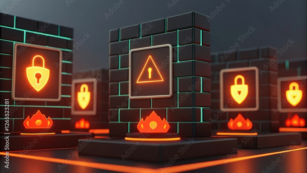 Poster abstract glowing padlock and warning icons in a futuristic cyber security concept. the padlock is gl