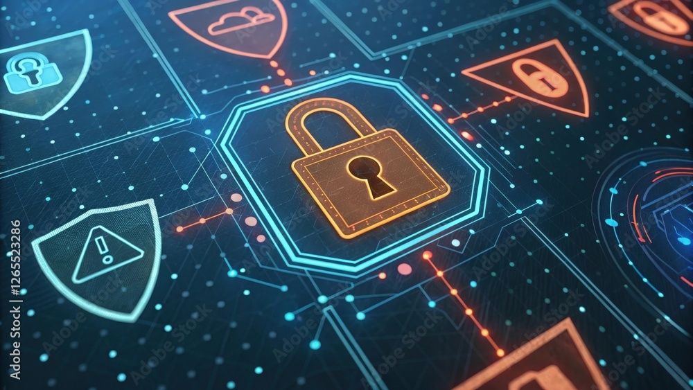 Poster cyber security - padlock with network security symbols