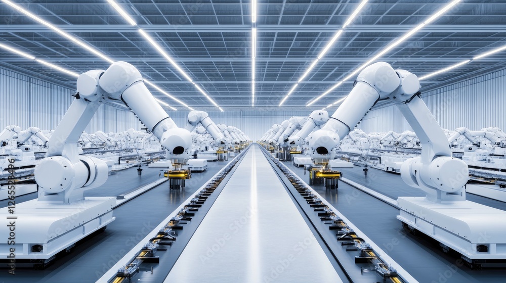 Poster a fully automated robotic drone factory with high-tech machinery.