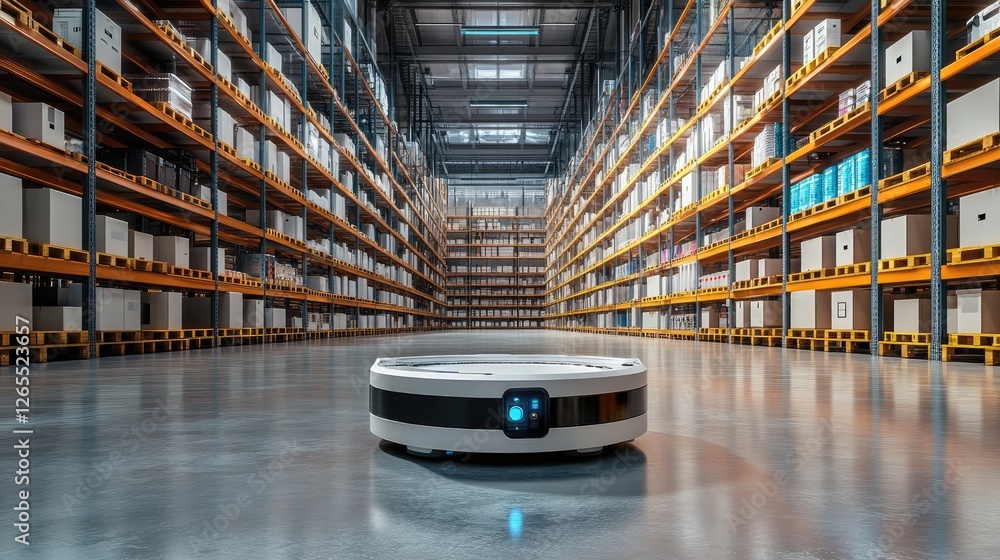 Poster a fully automated warehouse with robotic storage and retrieval systems.