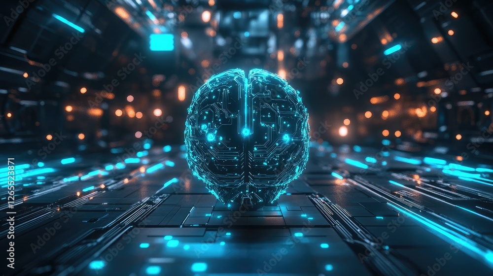 Poster a futuristic ai brain with glowing circuits and soft blue neon lights in a digital space.