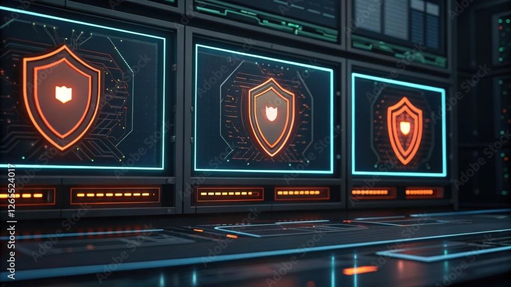 Poster cybersecurity system monitoring: three screens display a glowing shield icon, symbolizing robust dig