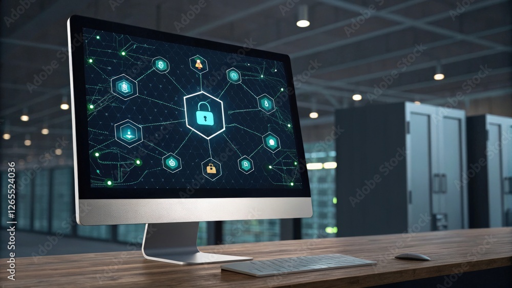 Poster cybersecurity network protection on computer screen
