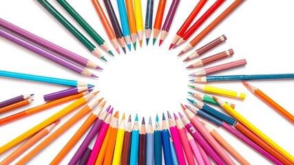Colorful pencils arranged in a circular pattern on a crisp white background, various, circle, creative