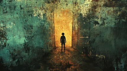 Silhouette of a child stands at the end of hallway