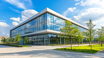 Obraz premium Modern glass office building with landscaping