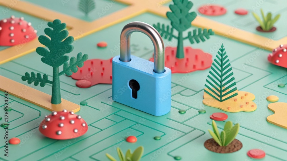 Poster a light blue padlock rests in the center of a stylized landscape, surrounded by whimsical trees and 