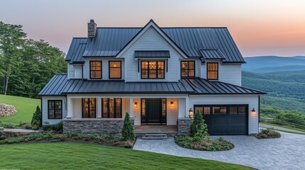 Modern farmhouse home at sunset, mountain views, exterior