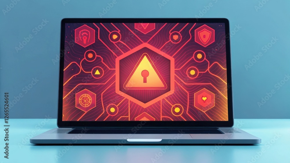 Poster laptop displaying a warning sign, symbolizing cybersecurity threat. the screen showcases a complex n