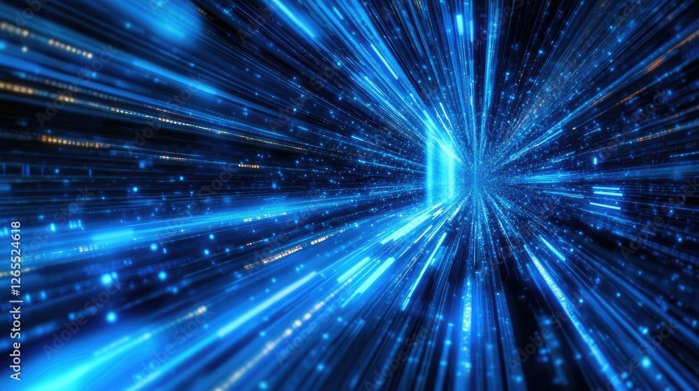 Poster a futuristic speed motion effect with light trails in a deep blue digital space.