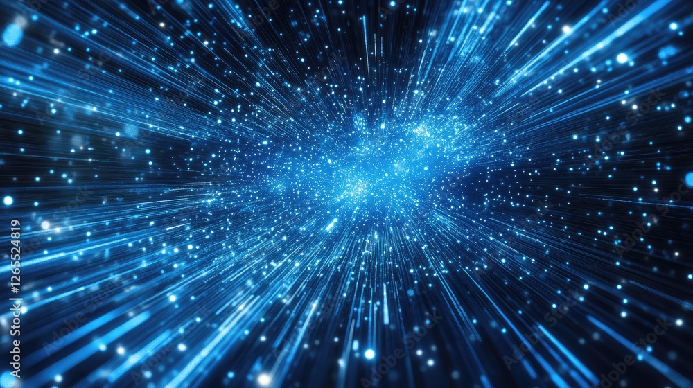 Poster a futuristic speed motion effect with light trails in a deep blue digital space.