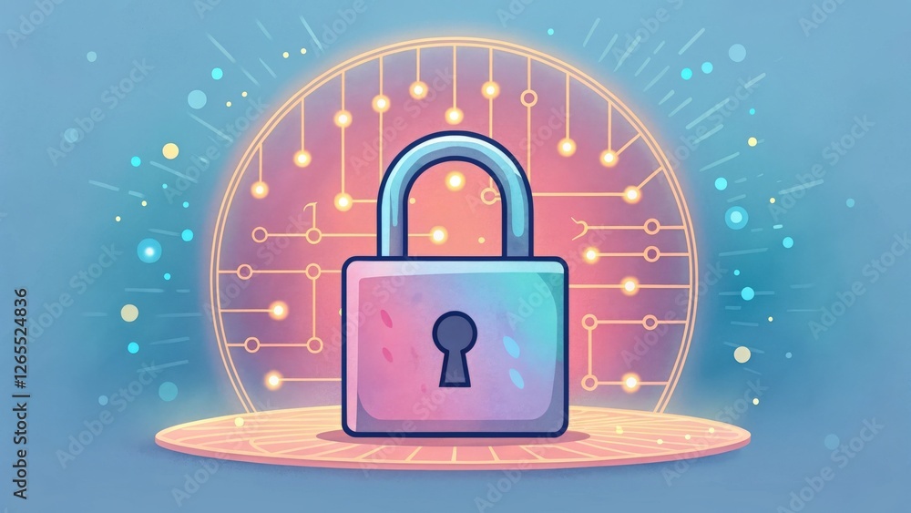 Poster colorful padlock with keyhole on a podium in front of a glowing circle with lights on a blue backgro