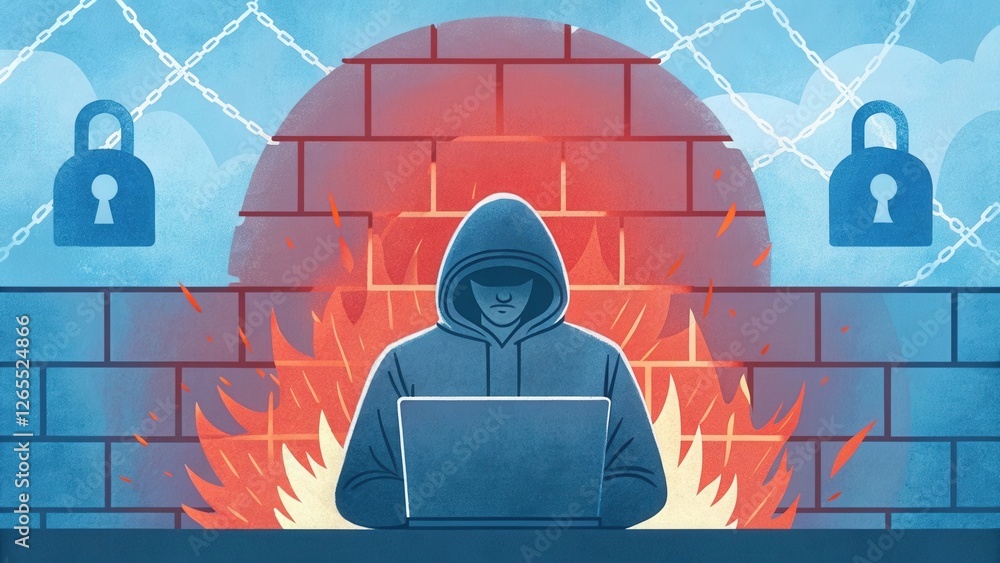 Poster hooded figure hacking a firewall