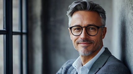 Fototapeta premium Business professional in formal attire with confident expression, head and shoulders portrait in soft window light, minimal grey office background, captured at f/2.8 in raw style