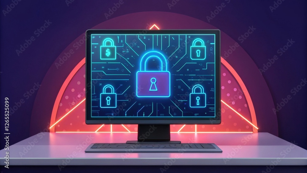 Poster a desktop computer with glowing blue and pink lock icons on a screen, symbolizing digital security a