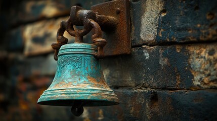 Fototapeta premium Rusty bell, brick wall, factory, history, alert