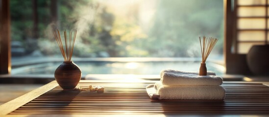 Serene Spa Atmosphere: Towels, Incense, and Tranquil Pool View