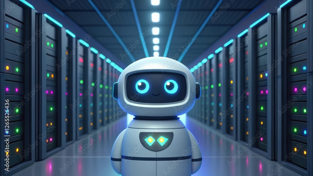 Poster cute robot standing in a server room. the robot has big eyes and a friendly expression, surrounded b