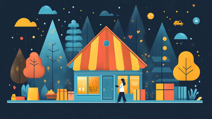Obraz premium a woman standing in front of a charming small store, the vibrant colors and intricate details bring the scene to life. The store is adorned with a striped awning.