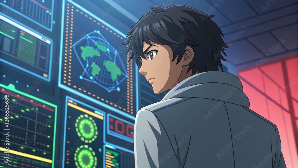 Poster focused young scientist reviewing data on a futuristic interface. his serious expression highlights 