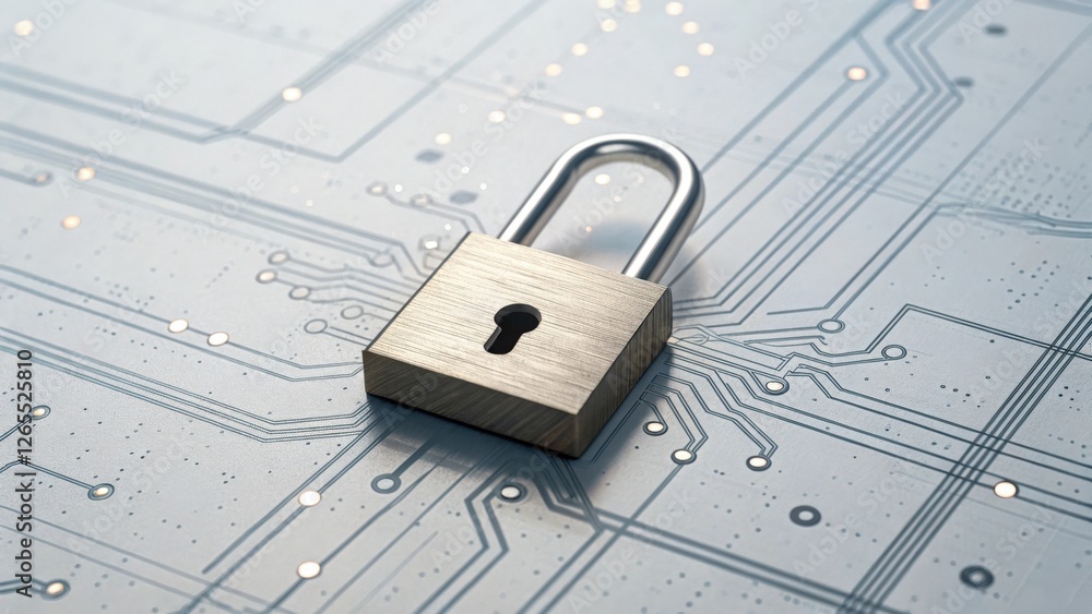 Poster padlock on circuit board symbolizing cybersecurity. the image conveys a sense of protection and secu