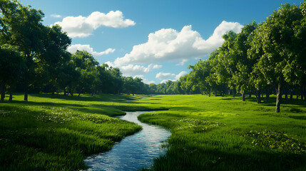 Summer Landscape with Winding River and Lush Green Trees