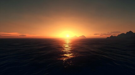 Obraz premium Orange And Yellow Sunset Over Dark Ocean With Silhouette Islands