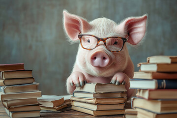 A funny animal portrait of a smart pig wearing glasses and sitting at a desk with stacks of books. Education, school or teacher concepts
