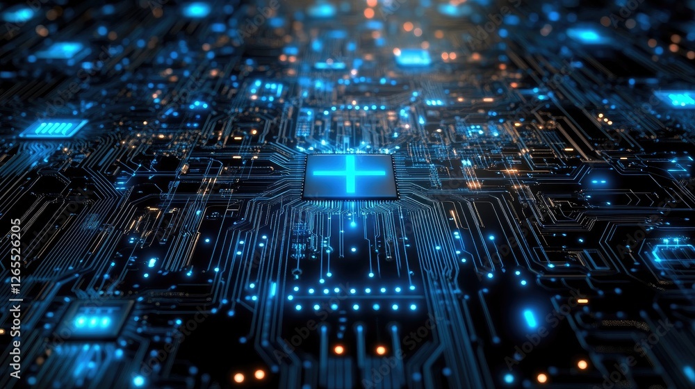 Aufkleber a high-tech circuit board background with glowing blue patterns.