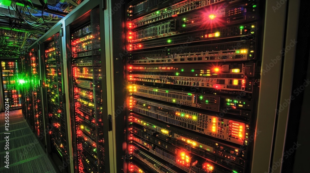 Poster a high-tech data center with glowing server racks and advanced cooling systems.