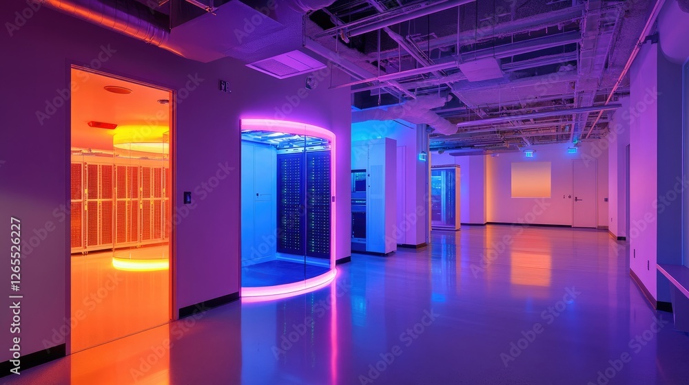 Aufkleber a high-tech data center with glowing server racks and advanced cooling systems.