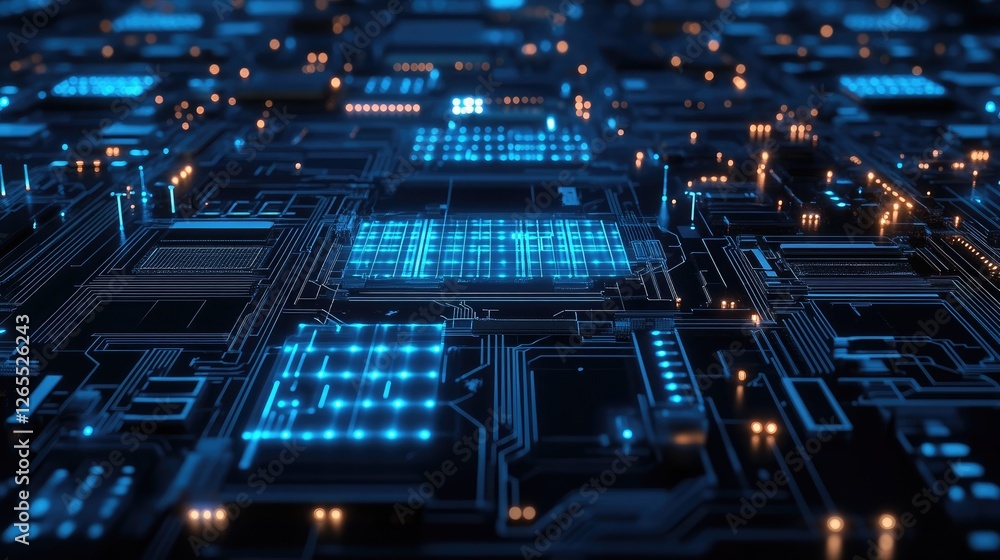 Aufkleber a high-tech circuit board background with glowing blue patterns.