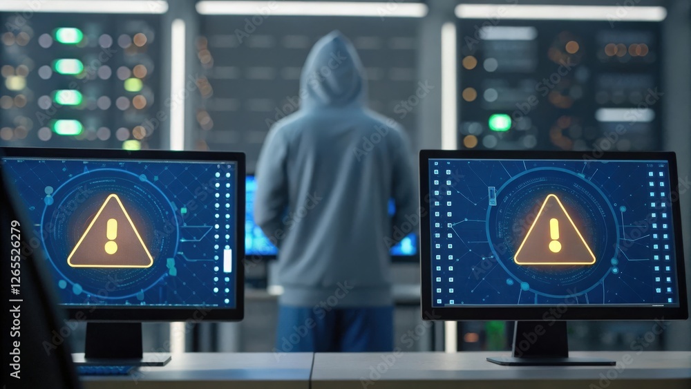 Poster a mysterious hooded figure standing in a server room, with two monitors displaying warning signs. th