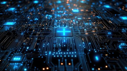 A high-tech circuit board background with glowing blue patterns.