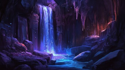 Obraz premium mysterious cave with an underground waterfall, glowing bioluminescent moss on the walls, ethereal lighting