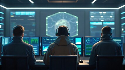 Fototapeta premium Three technicians monitoring screens in a futuristic control room