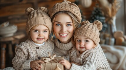 Obraz premium A joyful mother with her two children in cozy sweaters and hats, surrounded by festive decorations indoors
