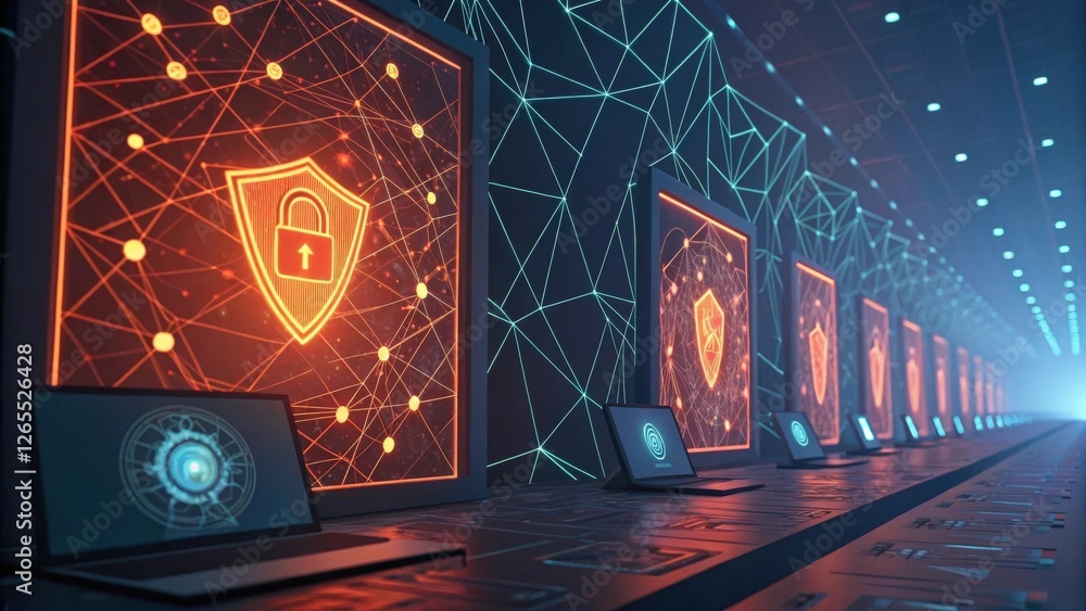 Poster a futuristic and abstract depiction of cybersecurity. glowing shields with locks appear on digital s