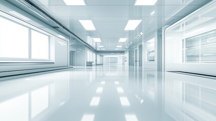 Obraz premium A high-tech industrial cleanroom with bright white lights and sterile surfaces.