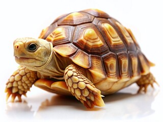 Fototapeta premium Adorable African Spurred Tortoise on White Background - Miniature Tilt-Shift Photography