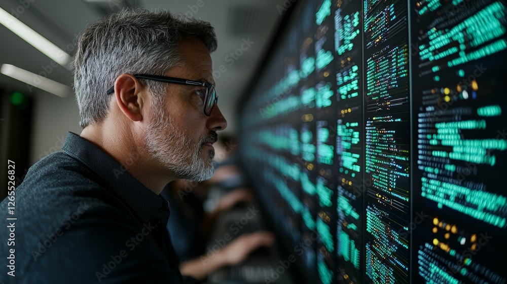 Aufkleber in the dark of the evening, a system administrator or consultant looks at the screen at home to save