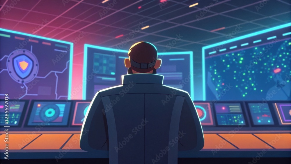Poster a cybersecurity specialist, looking over multiple monitors displaying complex data, in a futuristic 