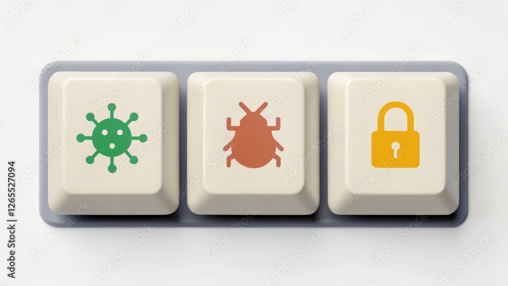 Poster computer keyboard keys with virus, bug, and lock symbols. the symbols represent cybersecurity threat
