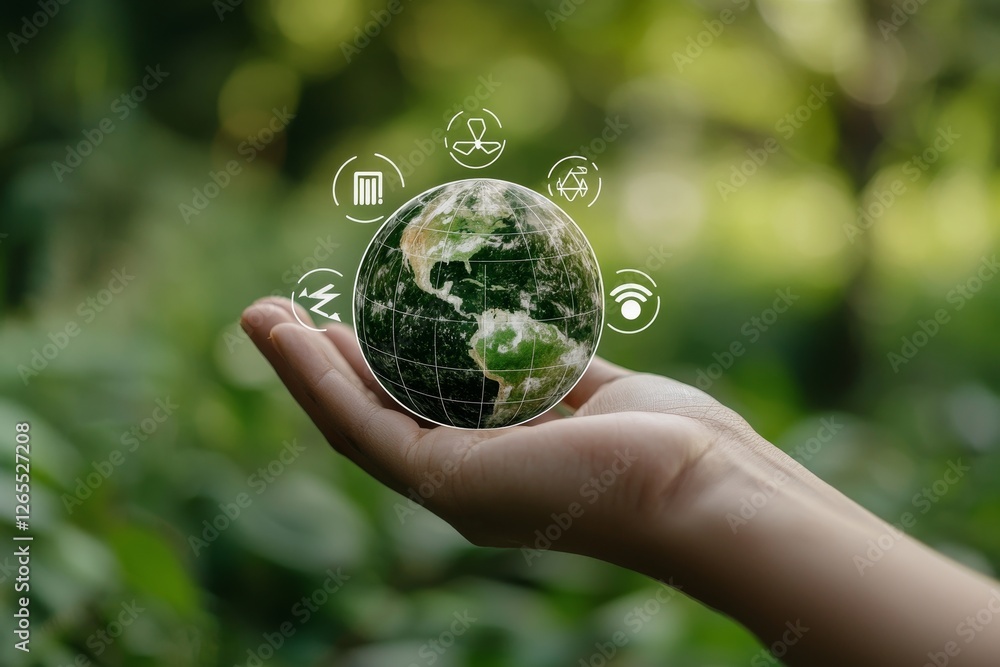 Poster concept of sustainable development goals (sdgs).hands holding global communication network icon on g