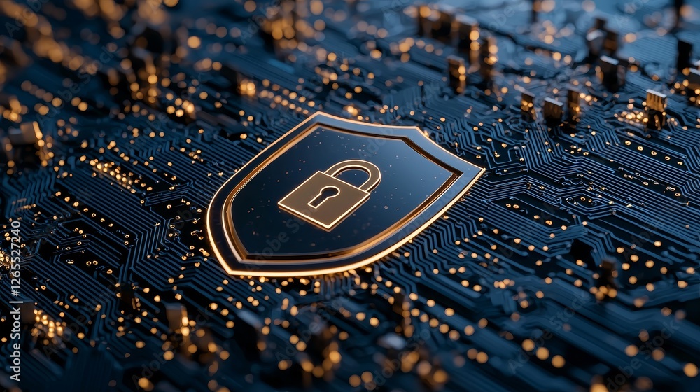 Poster Data protection technology concept online network. The shield on the right is prominent. Interconnected polygon binary code on dark blue background.