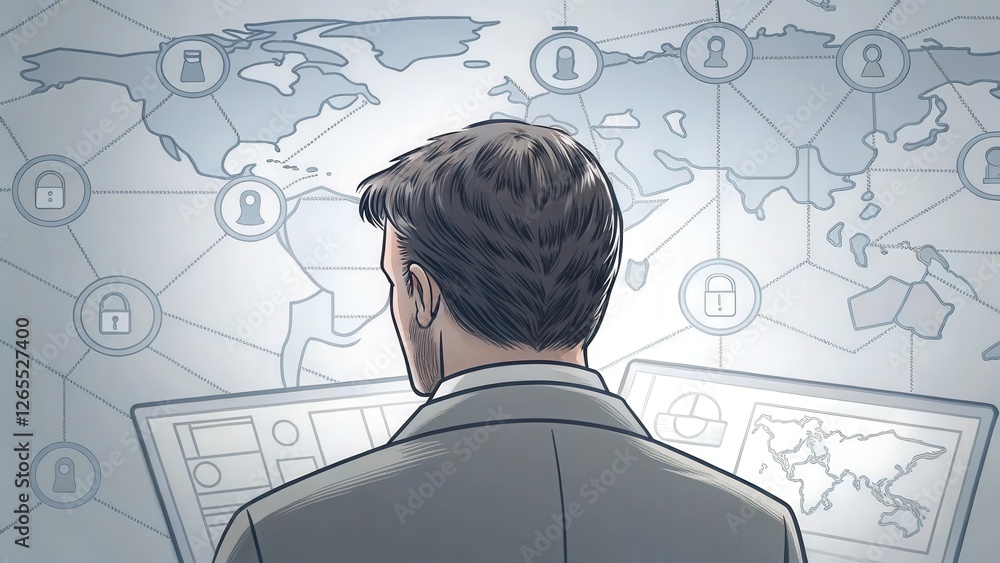 Poster a man in a suit, back to the camera, sitting at a computer. he is looking at a global network of con